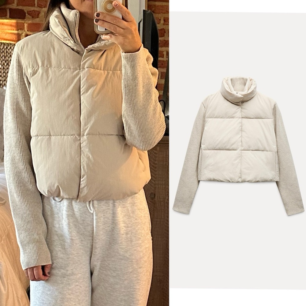 ZARA MIXED QUILTED JACKET ZW COLLECTION SMALL BEIGE ECRU PUFFER KNIT SLEEVE COAT